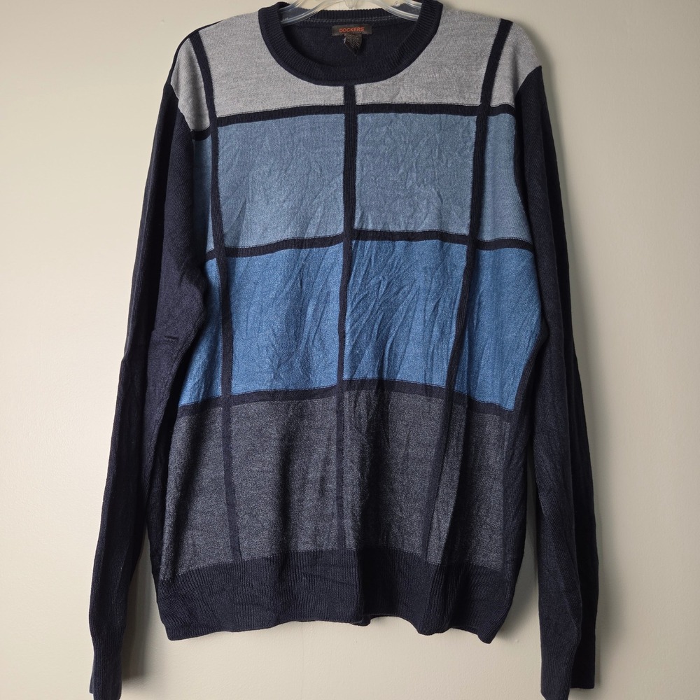 Dockers Mens XL Navy Blue Colorblock Grid Crew Neck Acrylic Pullover Sweater